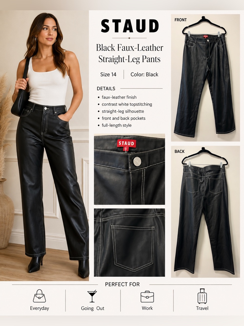STAUD Black Faux Leather straight leg Women’s pants size 14